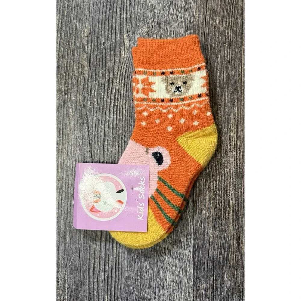 Kids Wool Blend Winter Socks Bear Fox Orange Cozy Toddler